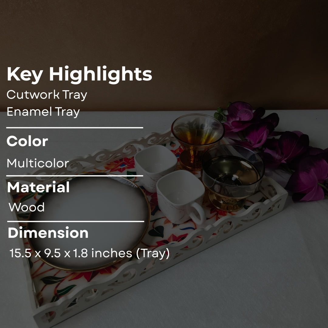 White Orange Flower Cutwork Wooden Tray Small