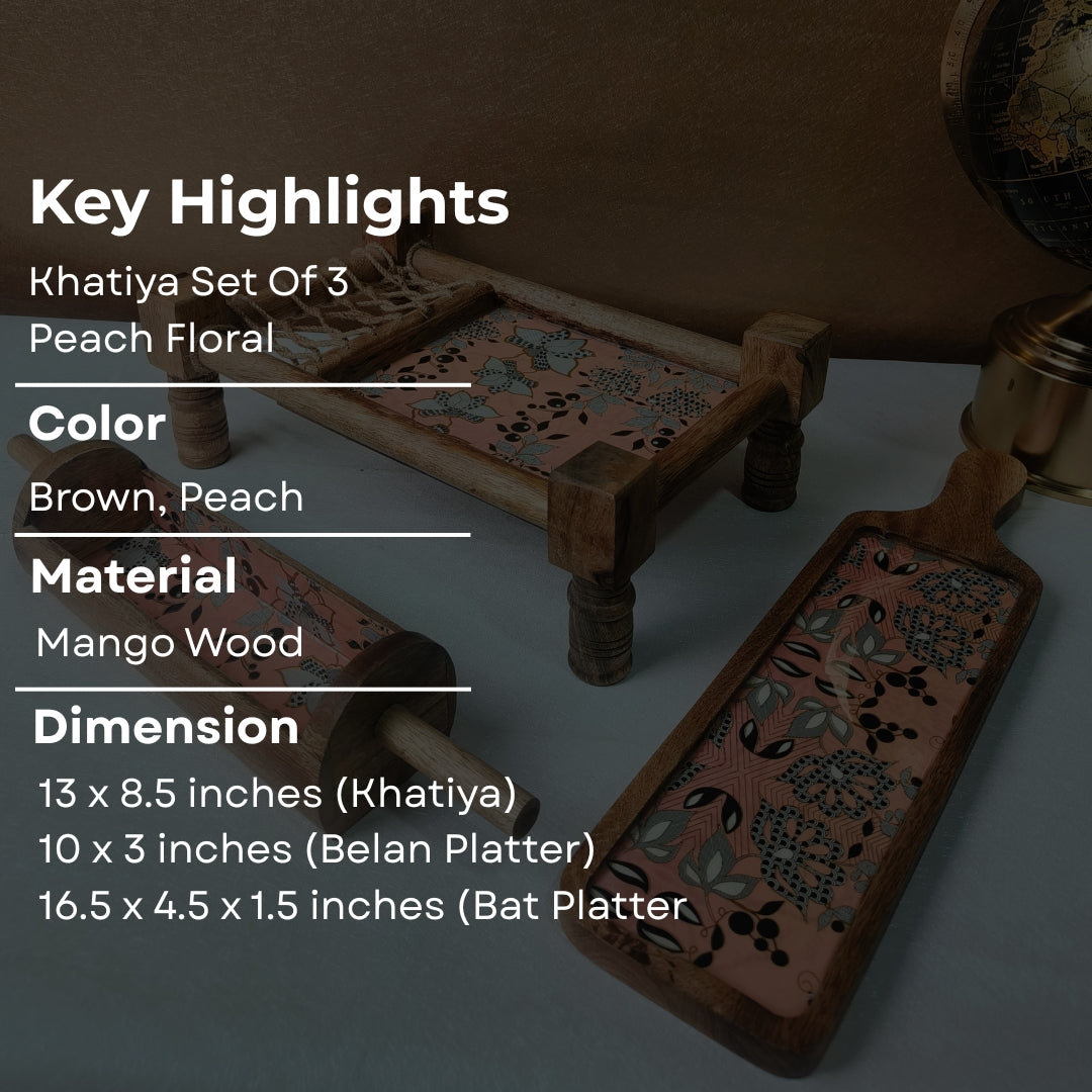peach flower print & enameled Wooden Khatiya Platter Set of 3 - khatiya platter , belan platter , bat platter