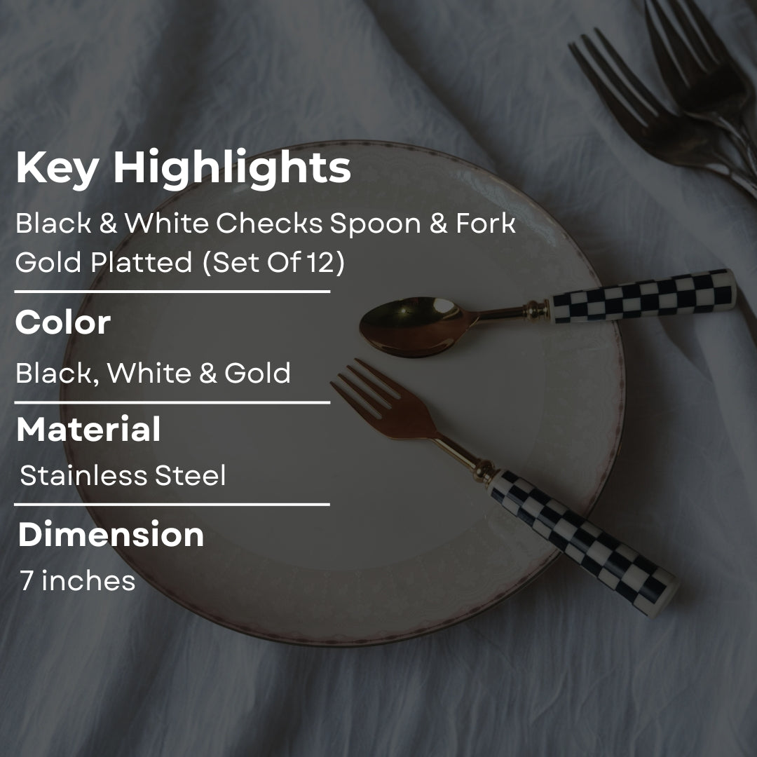 Cutlery Set of 12 - Black & White Resin Checks Design With Gold Spoons