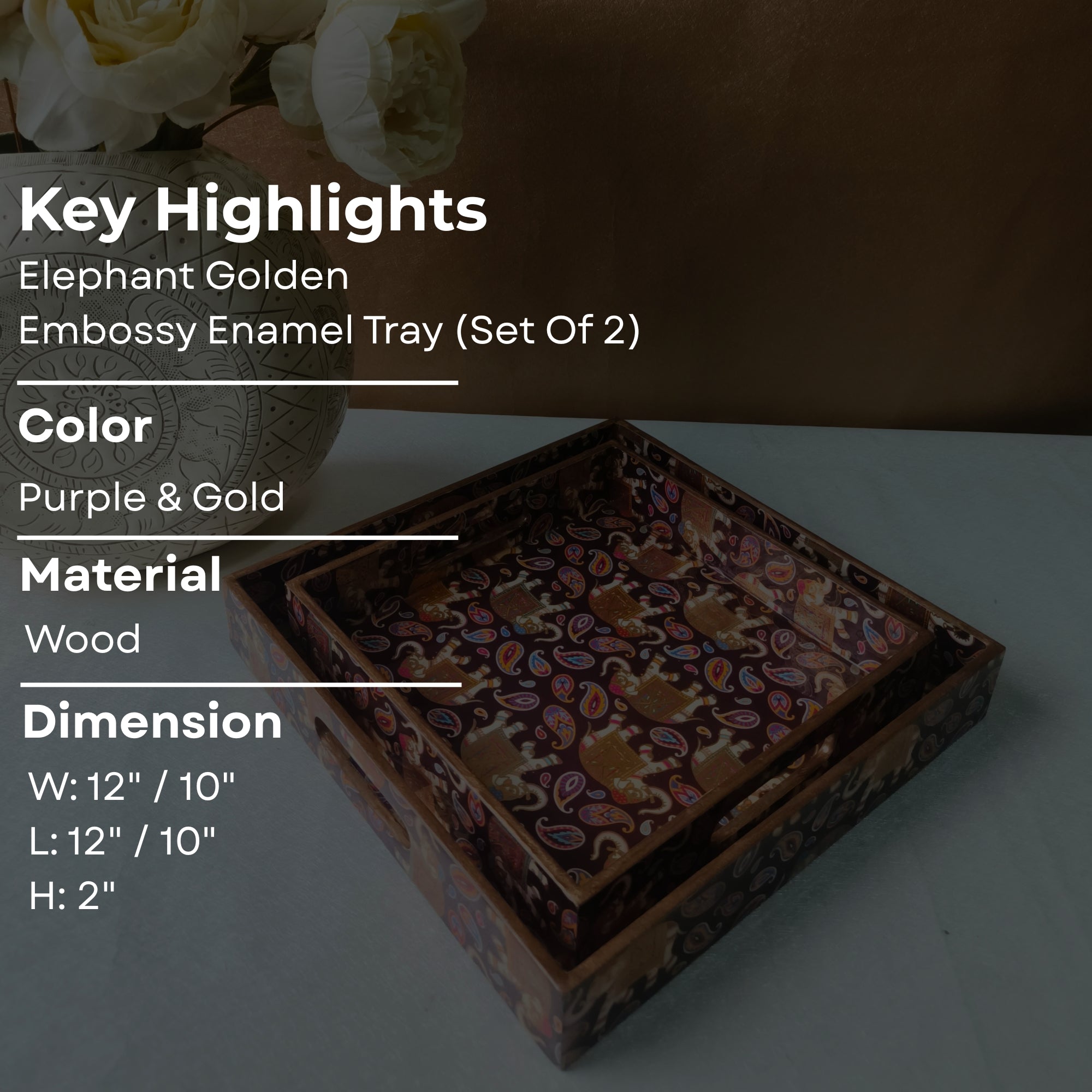 Rectangle wooden Golden Elephant Embossy Design Enamel Tray set of 2