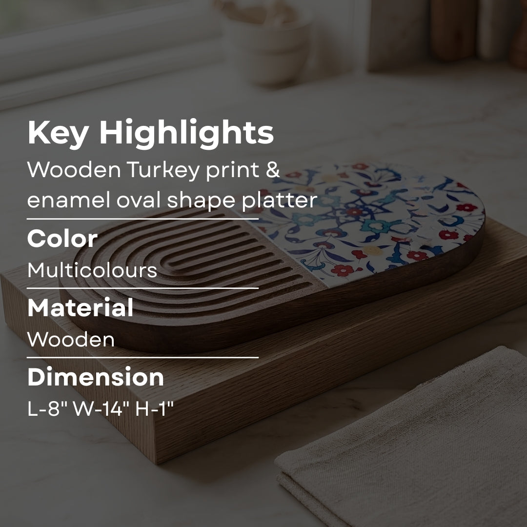 Turkish Print Enamel & Ribbed Wooden Oval Platter