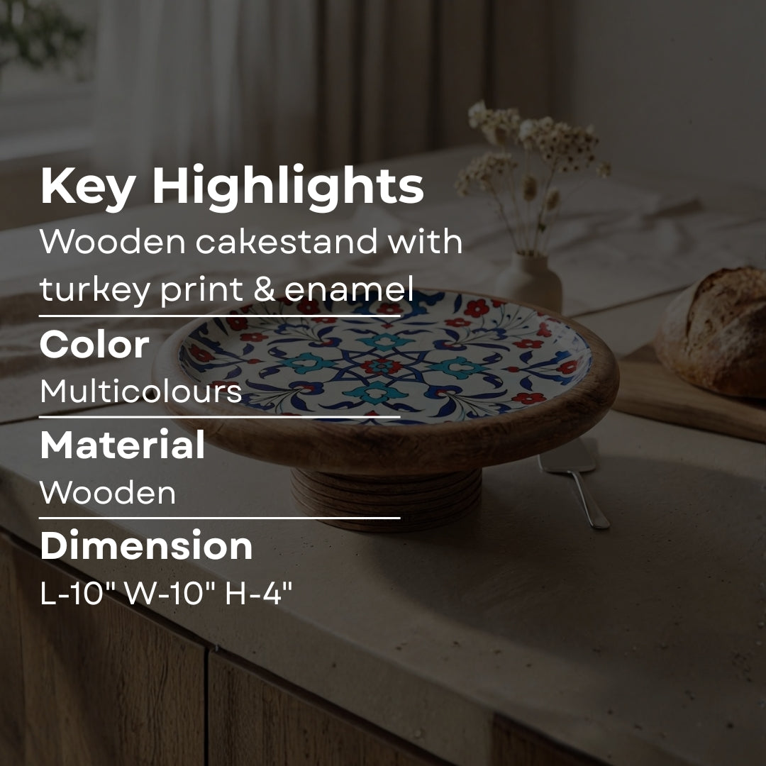 Turkish Print Enamel & Wooden Cake Stand