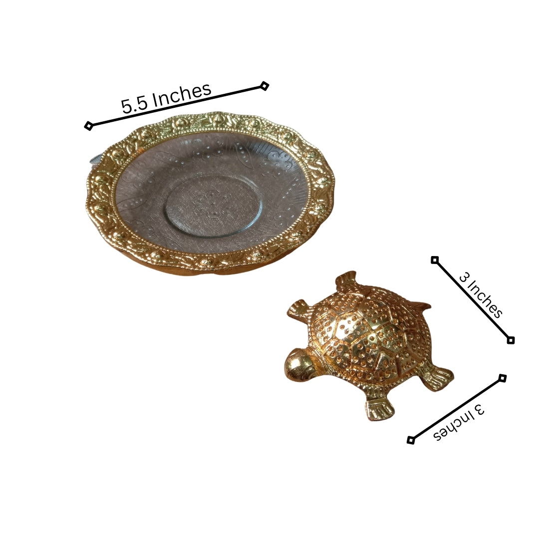 Gold Plated Tortoise in Plate with Turquoise Velvet Box for Good Luck