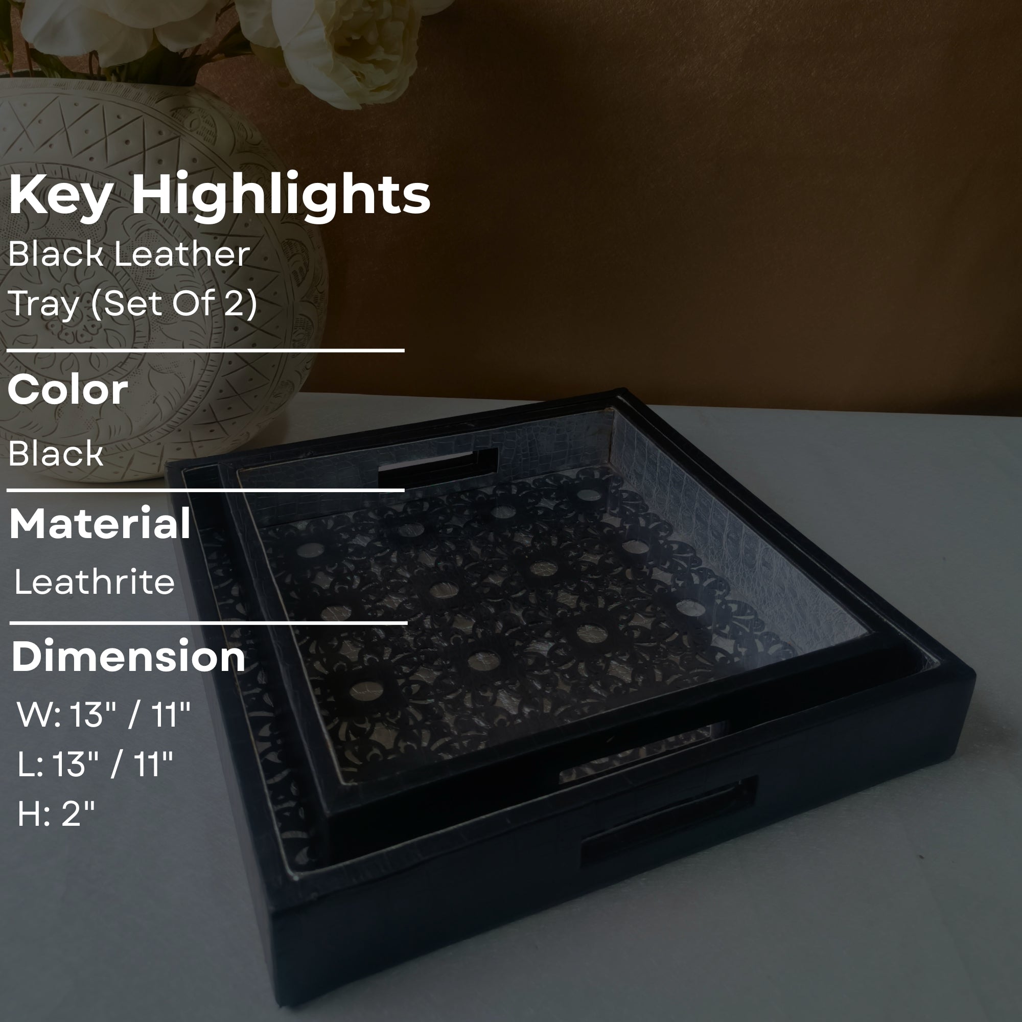 Black Square Leather Tray set of 2