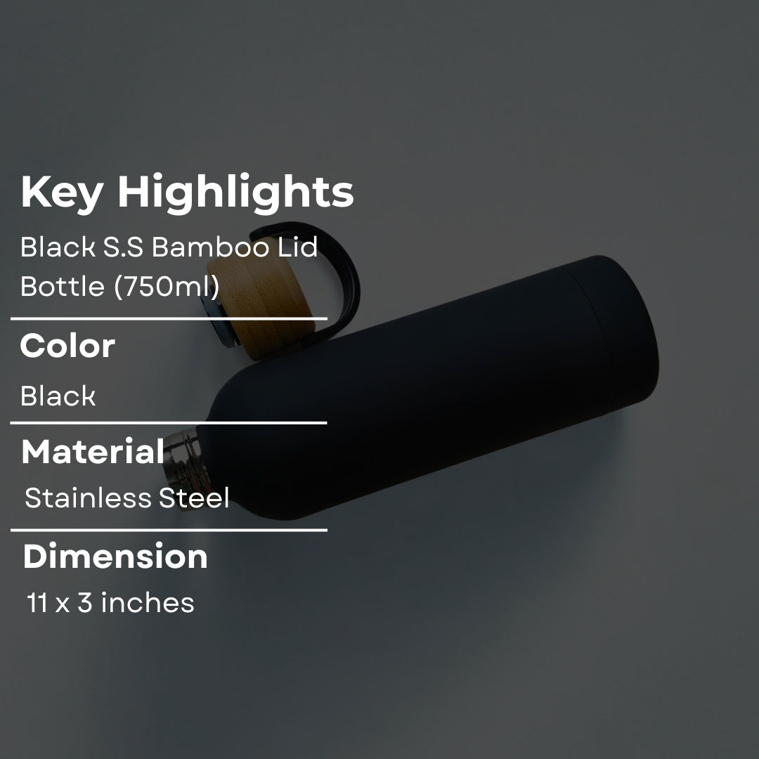 Black Stainless Steel Insulated Bottles With Bamboo Lid And Handles(750ml)