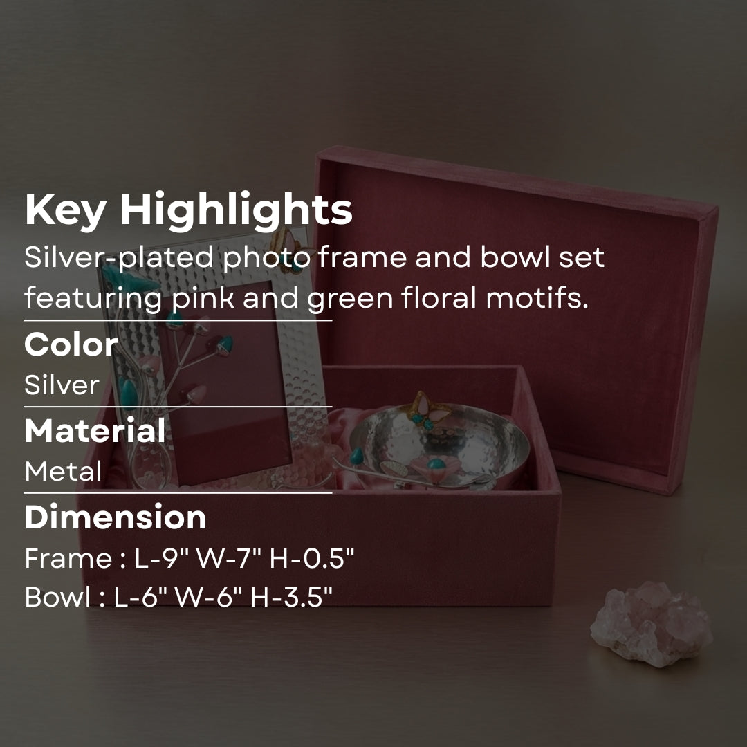Silver-Plated Photo Frame & Bowl Set with Pink & Green Floral Motifs