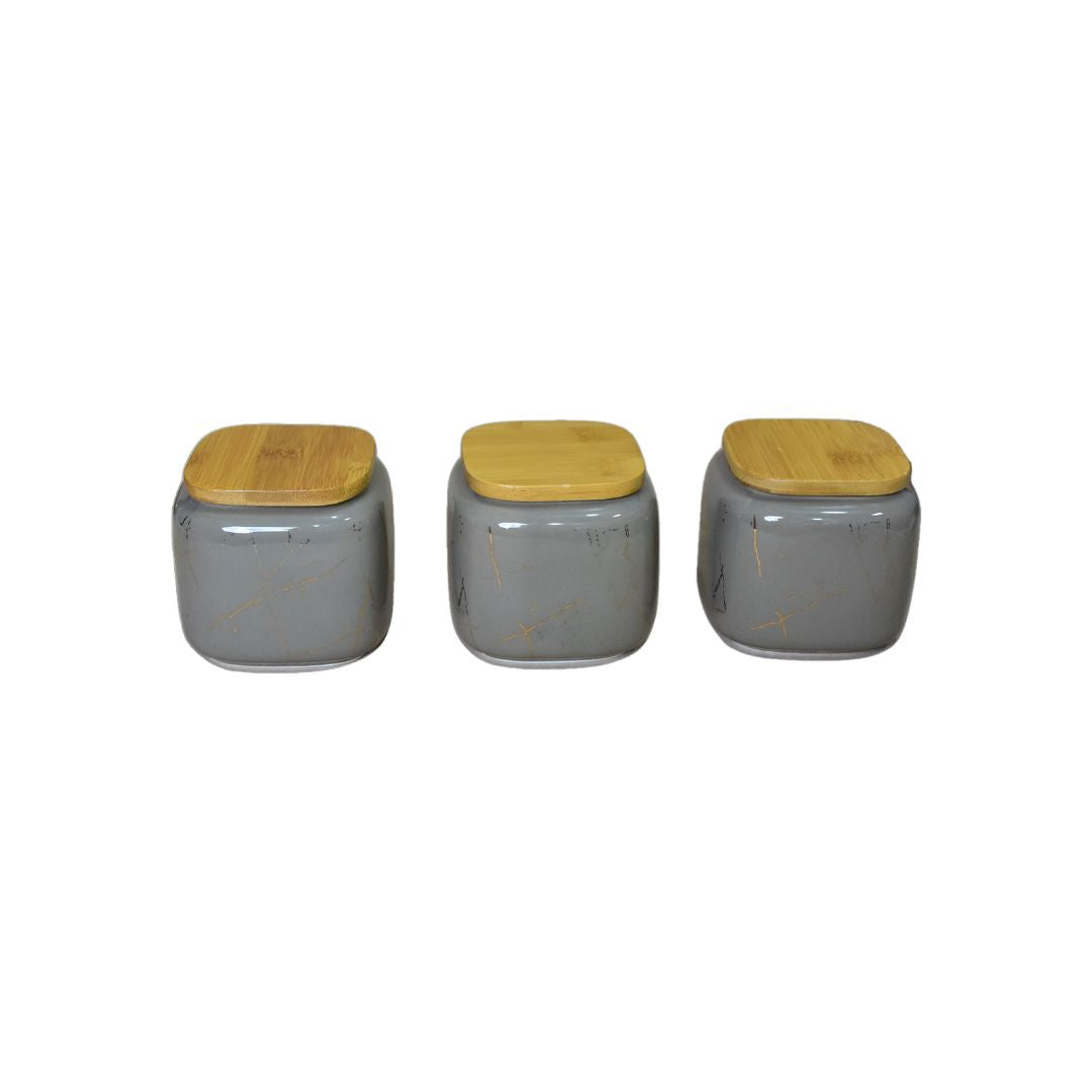 Ceramic Jar With Bamboo Tray Set Of 3 - Grey