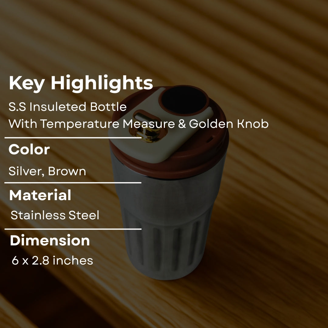 Stainless Steel Temperature Measure Sipper With Golden Capsule Knob And Brown Lid