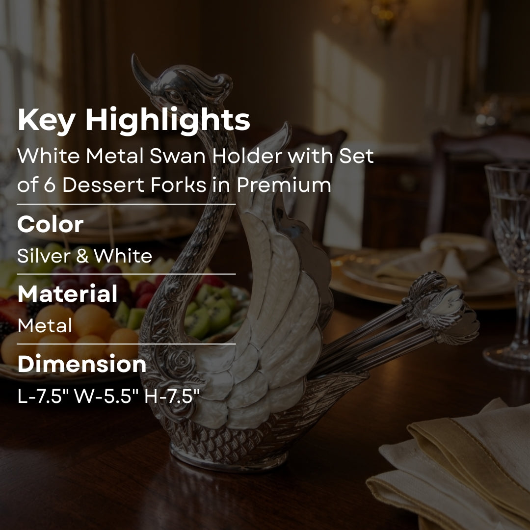 White Metal Swan Holder with Set of 6 Dessert Forks in Premium Gift Box
