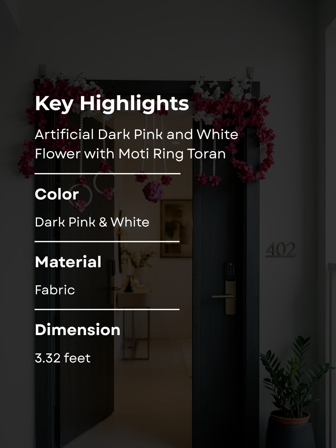 Artificial dark pink & white flower with moti ring toran