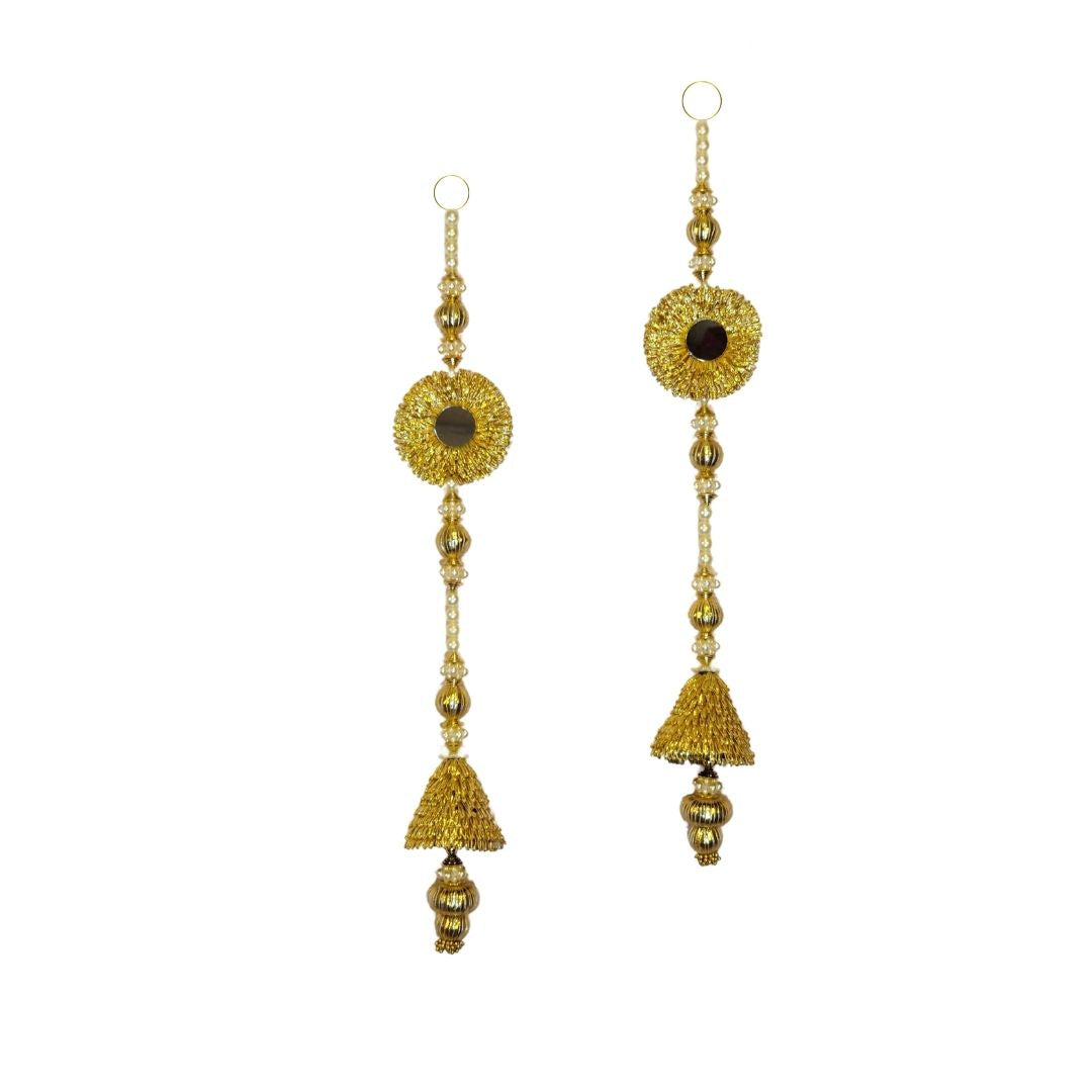 Gold Bell Toran With Gota & Mirror And Side Hanging Set Of 2