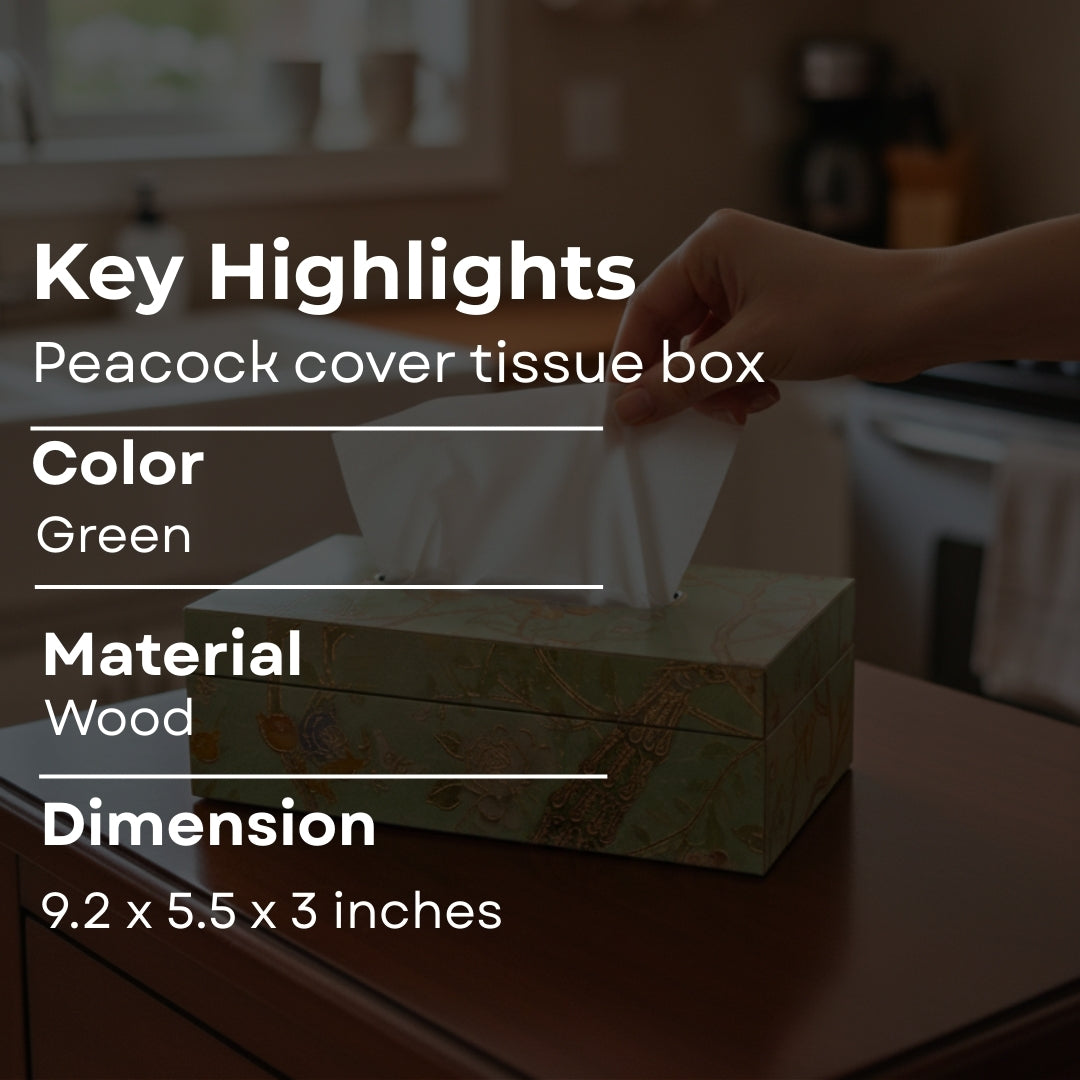 wooden print & enamel green peacock & bird Tissuebox
