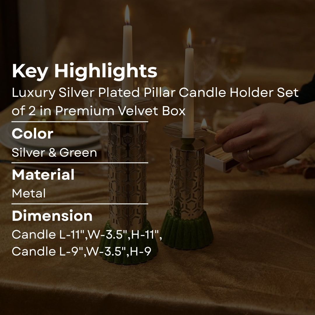Luxury Silver Plated Pillar Candle Holder Set of 2 in Premium Velvet Box