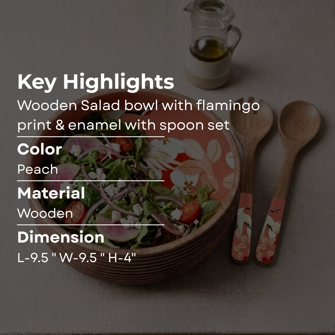 Flamingo Print Enamel & Ribbed Wooden Salad Bowl Set