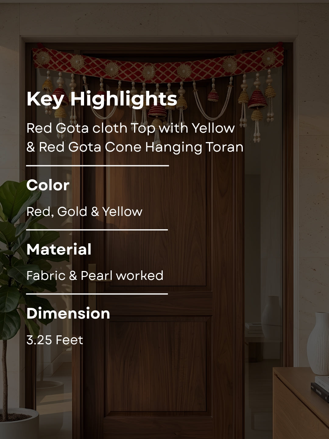 red gota cloth top with yellow & red gota cone hanging toran