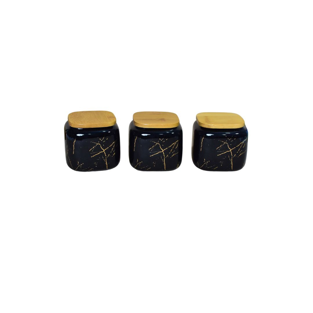 Ceramic Jar With Bamboo Tray Set Of 3 - Black