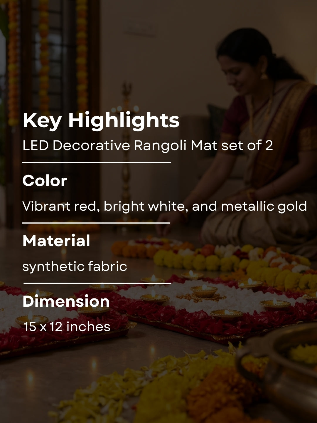 Artifical marigold rangoli set of 2 with LED diyas - Rectangle Red & white
