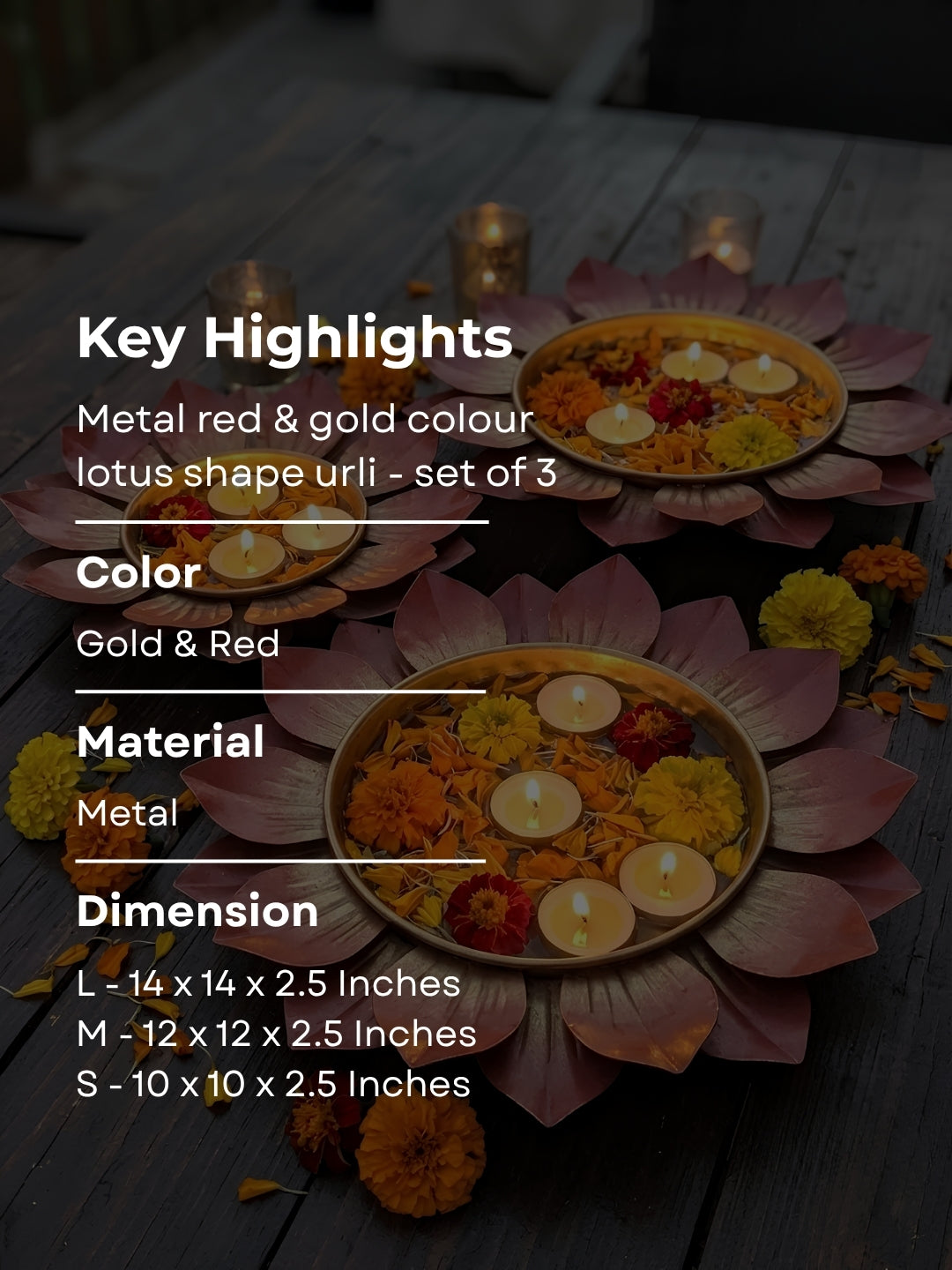 Metal red & gold colour lotus shape urli - set of 3