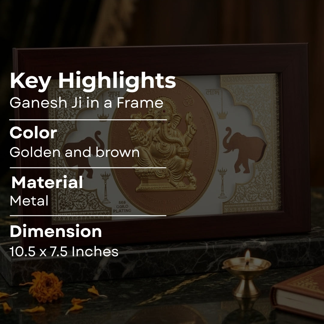 24K Gold Plated Ganesha Idol Wooden Frame | Divine Gold Plated & Fiber Frame Ganpati Idol for Home Decor