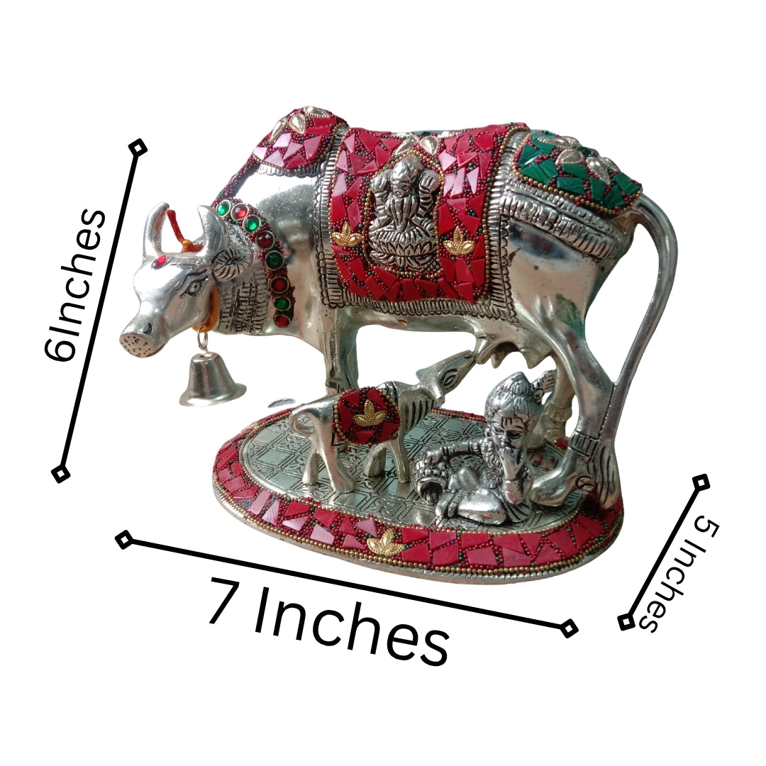 Silver Plated Kamdhenu Cow and Calf Idol in Turquoise Velvet Box for Gifting
