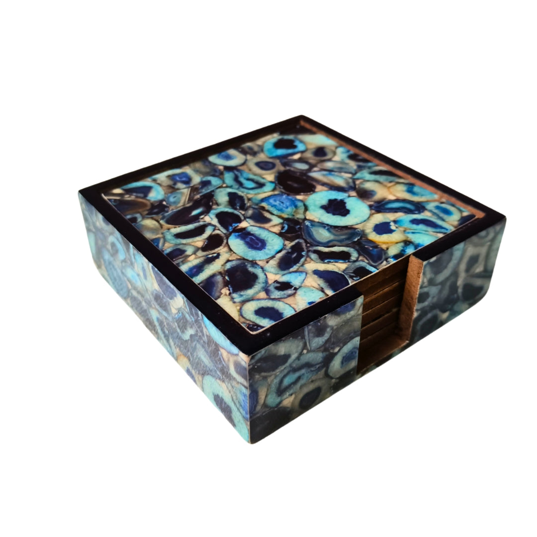 Table Coaster - Wooden Blue Agate Print With Enamel Set of 6