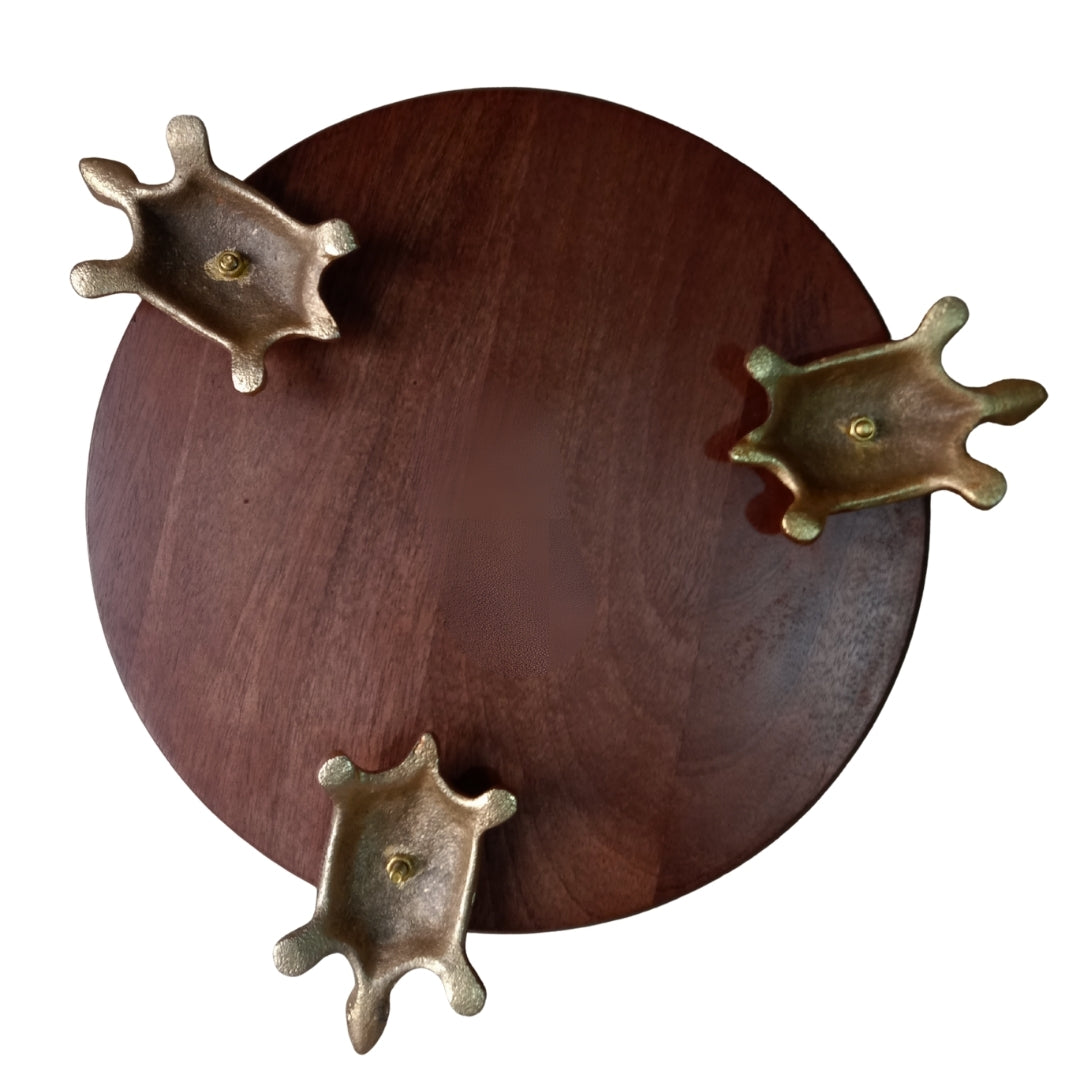 Dark Wood Round Serving Bowl with Gold Turtle Feet Stand