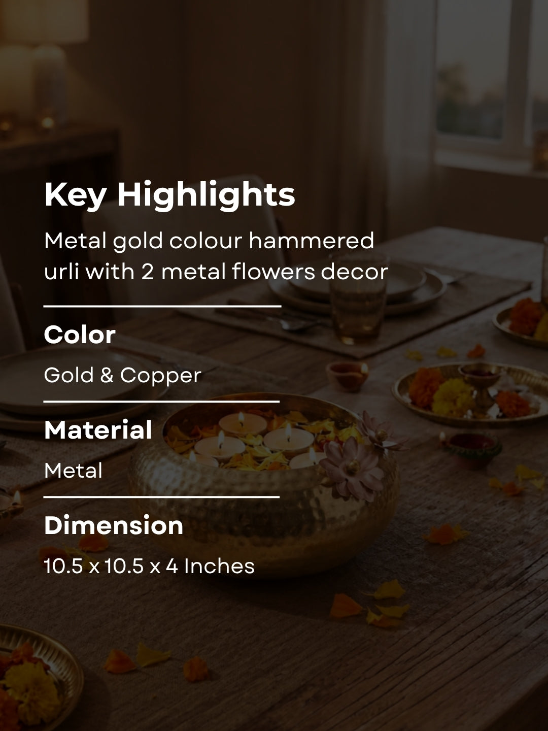 Metal gold colour hammered urli with 2 metal flowers decor