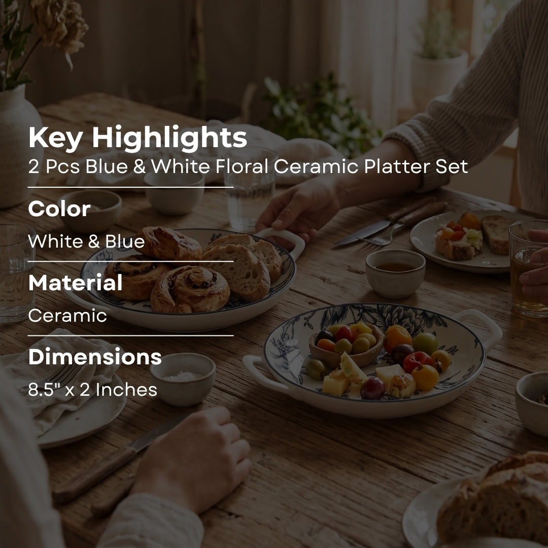 2 Pcs Blue & White Floral Ceramic Platter Set