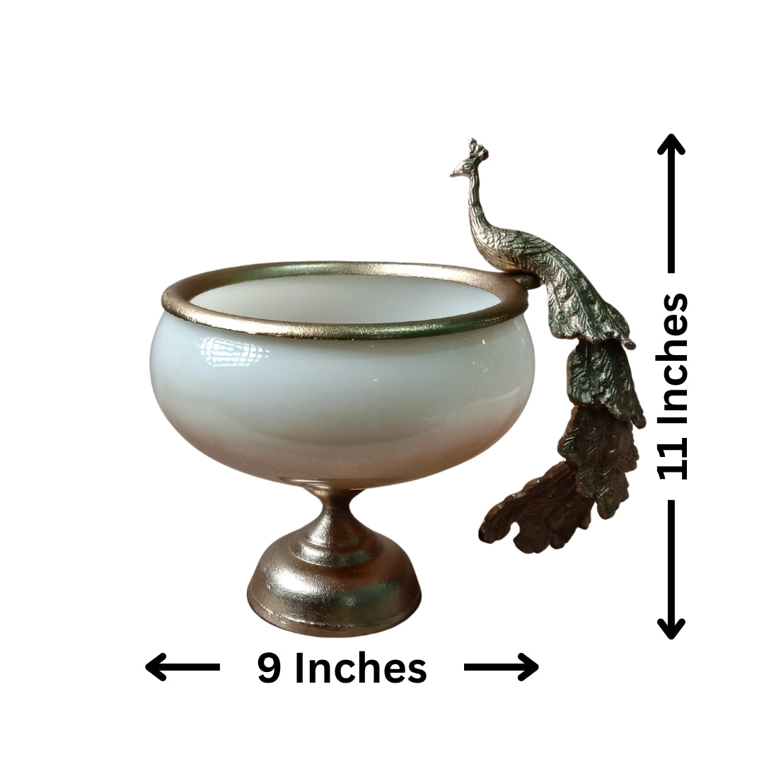 Handcrafted Glass Peacock Bowl with Premium Velvet Gift Box (Silver/Gold Trim)