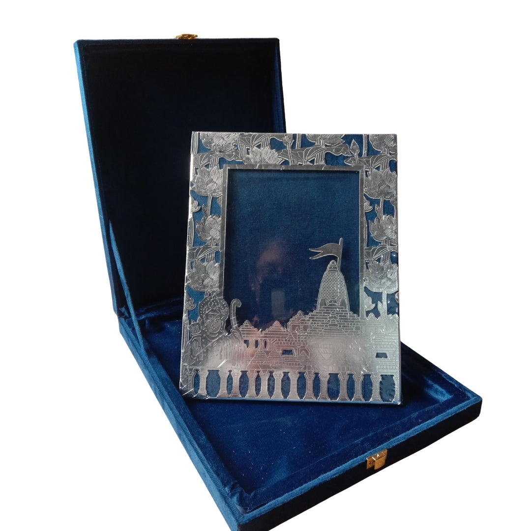Silver-Plated Ram Mandir & Lotus Design Velvet Photo Frame