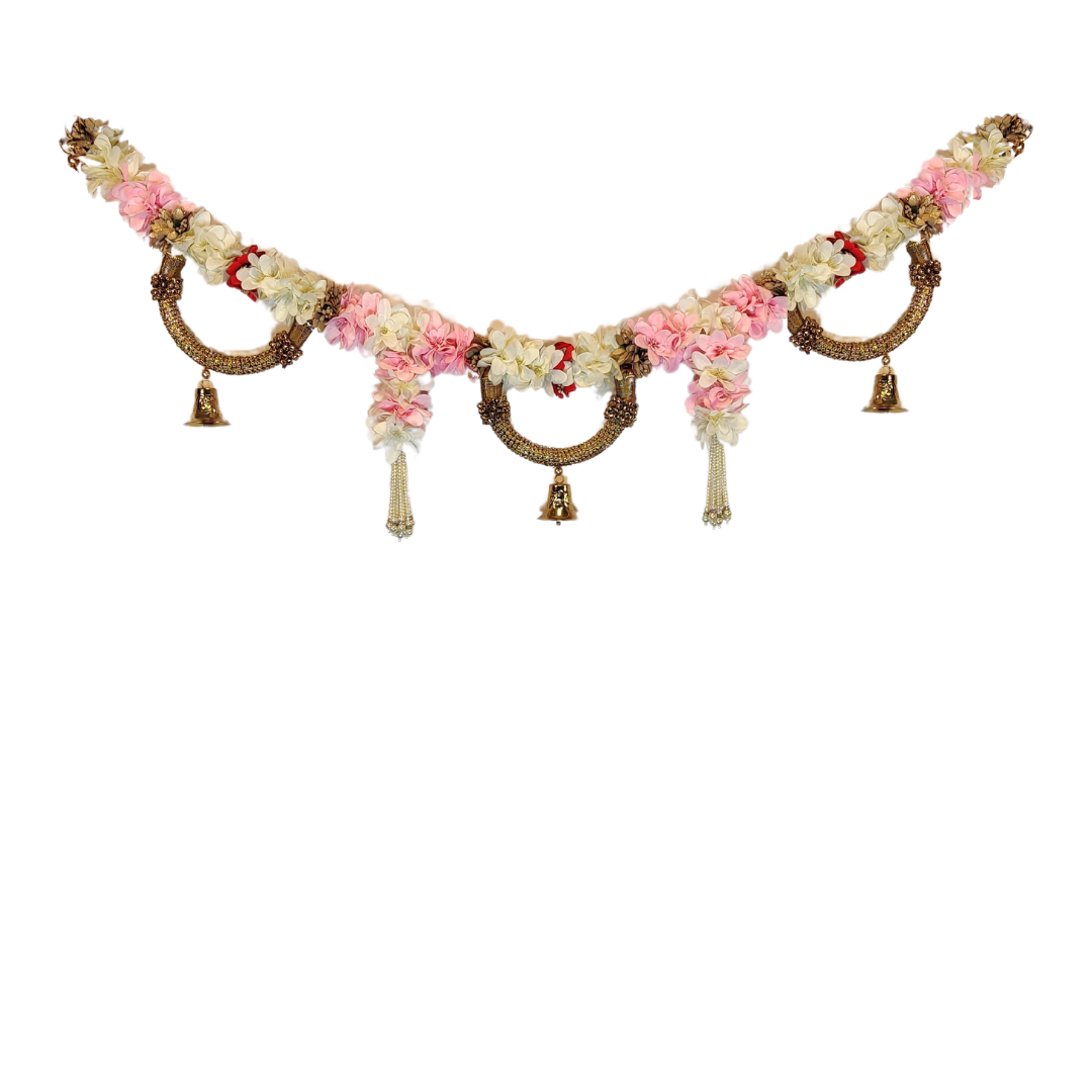 Pink Flower Toran With Scalp Shape Side Hanging  Set Of 2