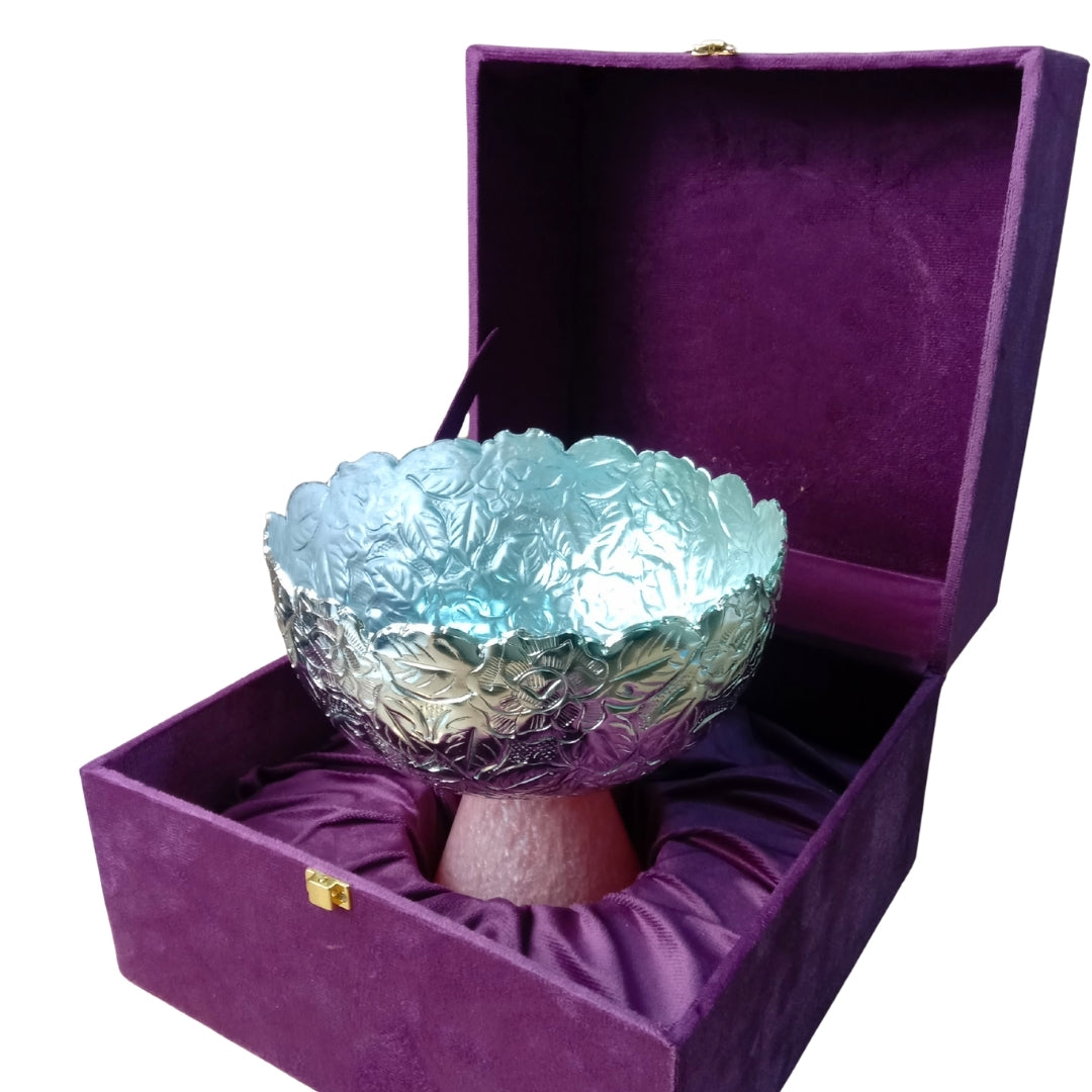 Purple Velvet Gift Box with Ornate Silver Decorative Bowl