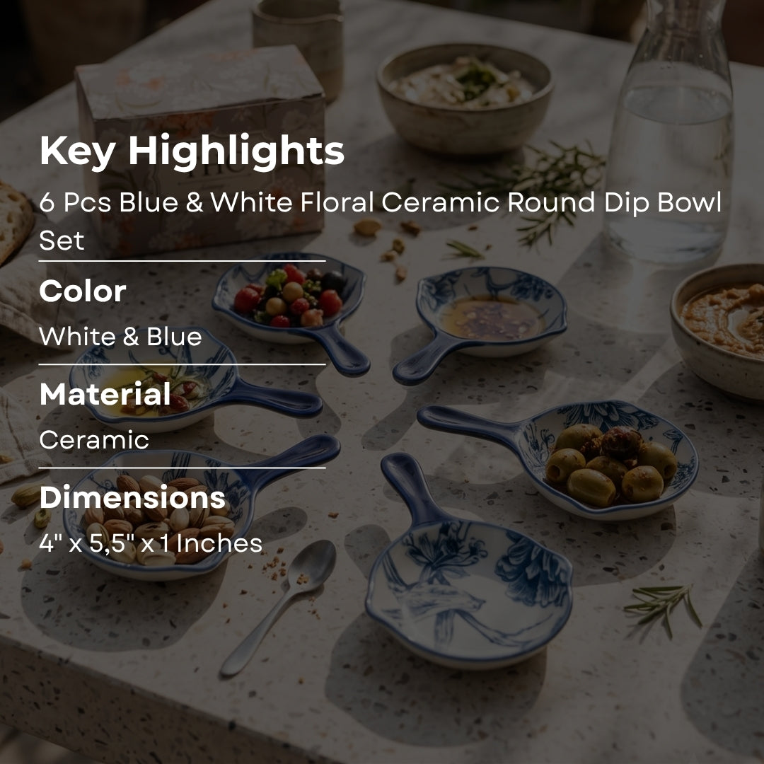 6 Pcs Blue & White Floral Ceramic Round Dip Bowl Set