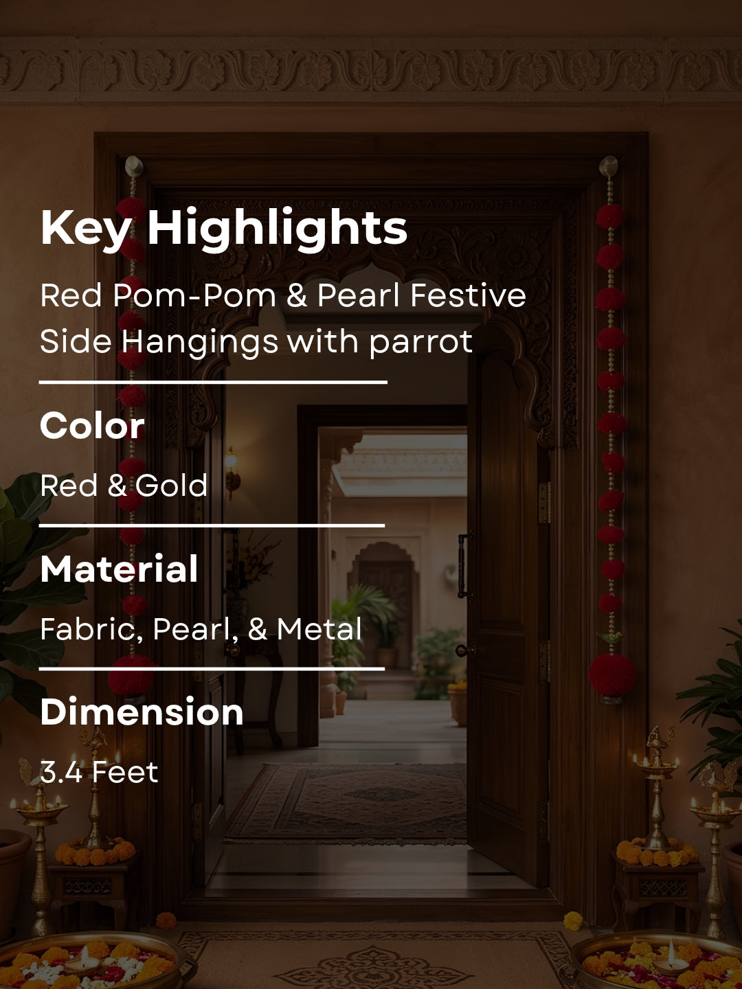 Red Pom-Pom & Pearl Festive Side Hangings with parrot
