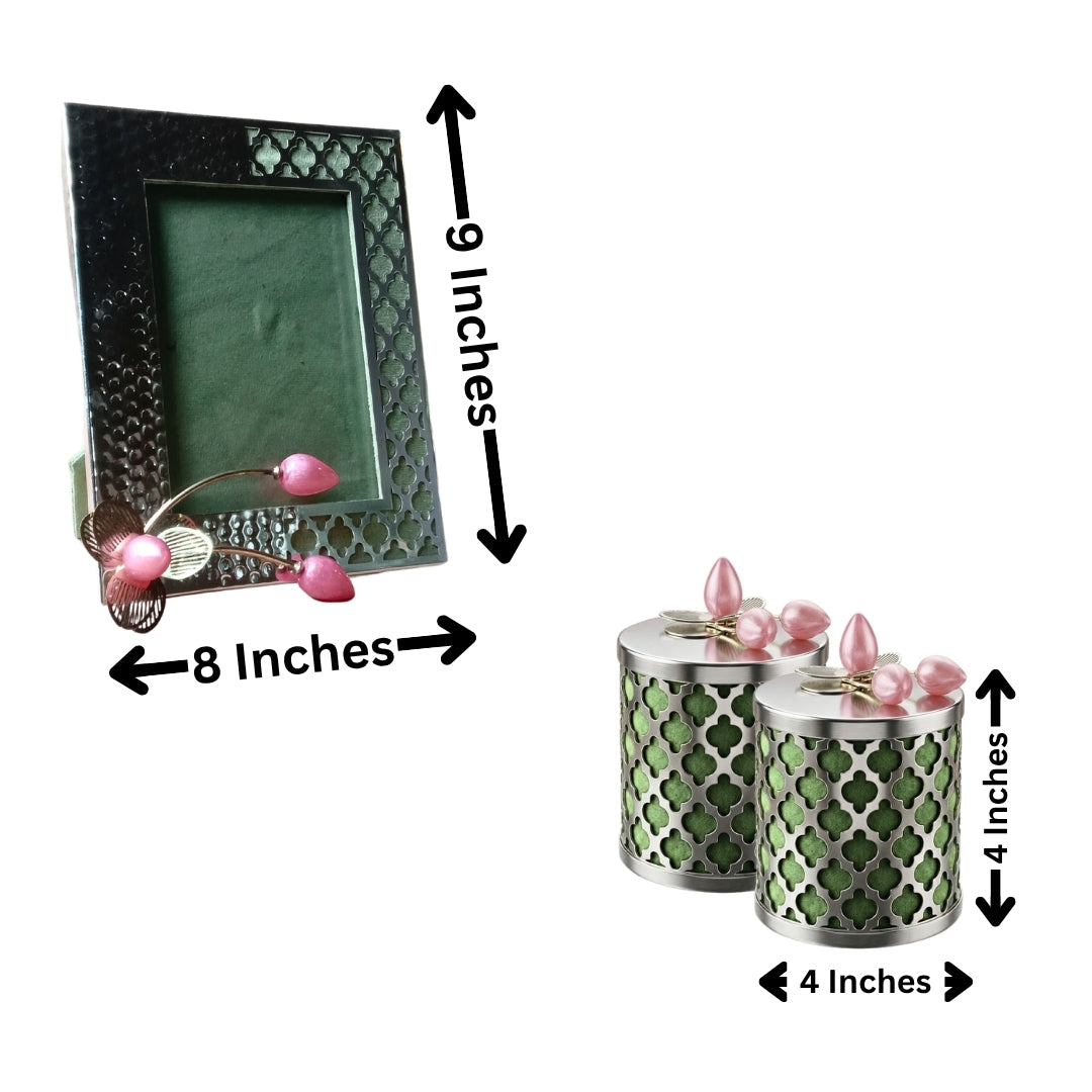 Silver-Plated Photo Frame & Jar Set with Pink Lotus Buds (3-Piece)