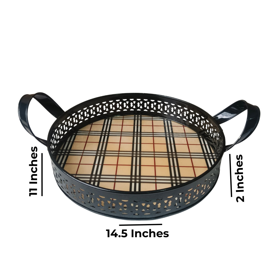 Checks Print Metal Tray With Handle Large