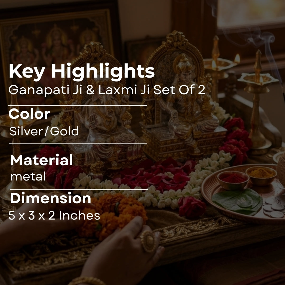 The Home Co- 999 Pure Silver & 24K Gold Plated The Divine Union: Lakshmi & Ganesha Silver & Gold Plated Fiber Idols(seating on sihasan )