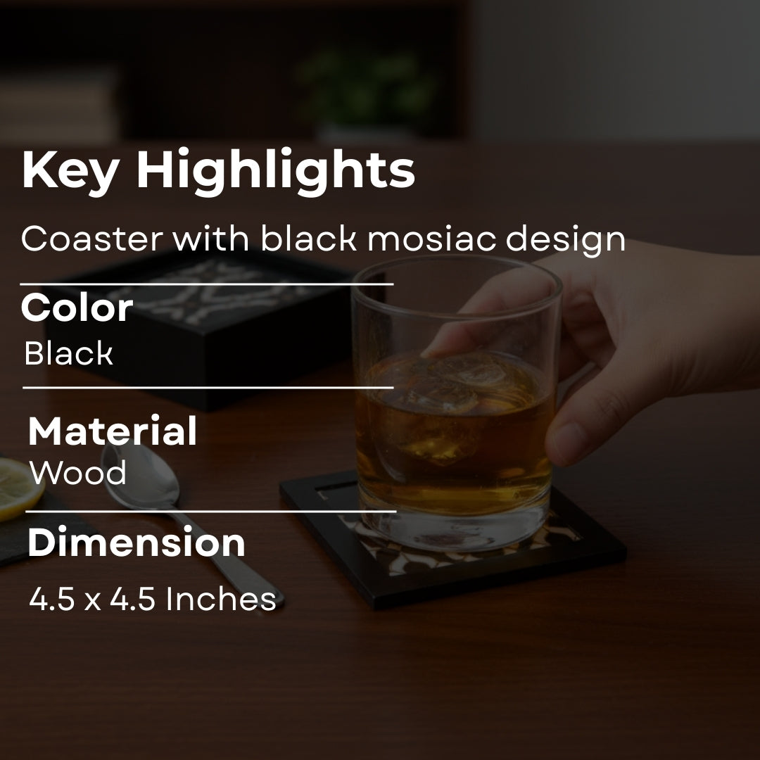 Table Coaster - black mosaic print & enamel with deco set of 6