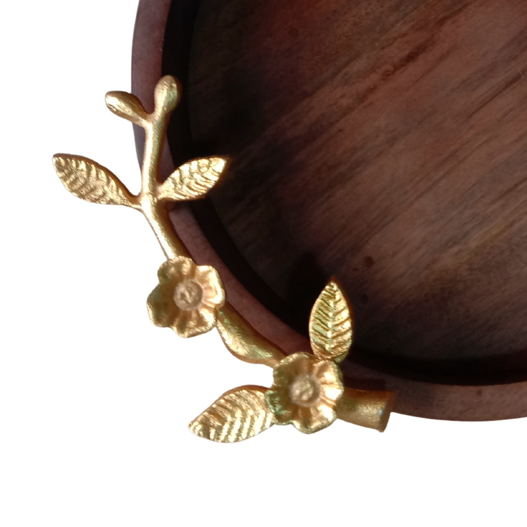 Wooden Small Round Serving Tray with Gold Floral Branch Handles