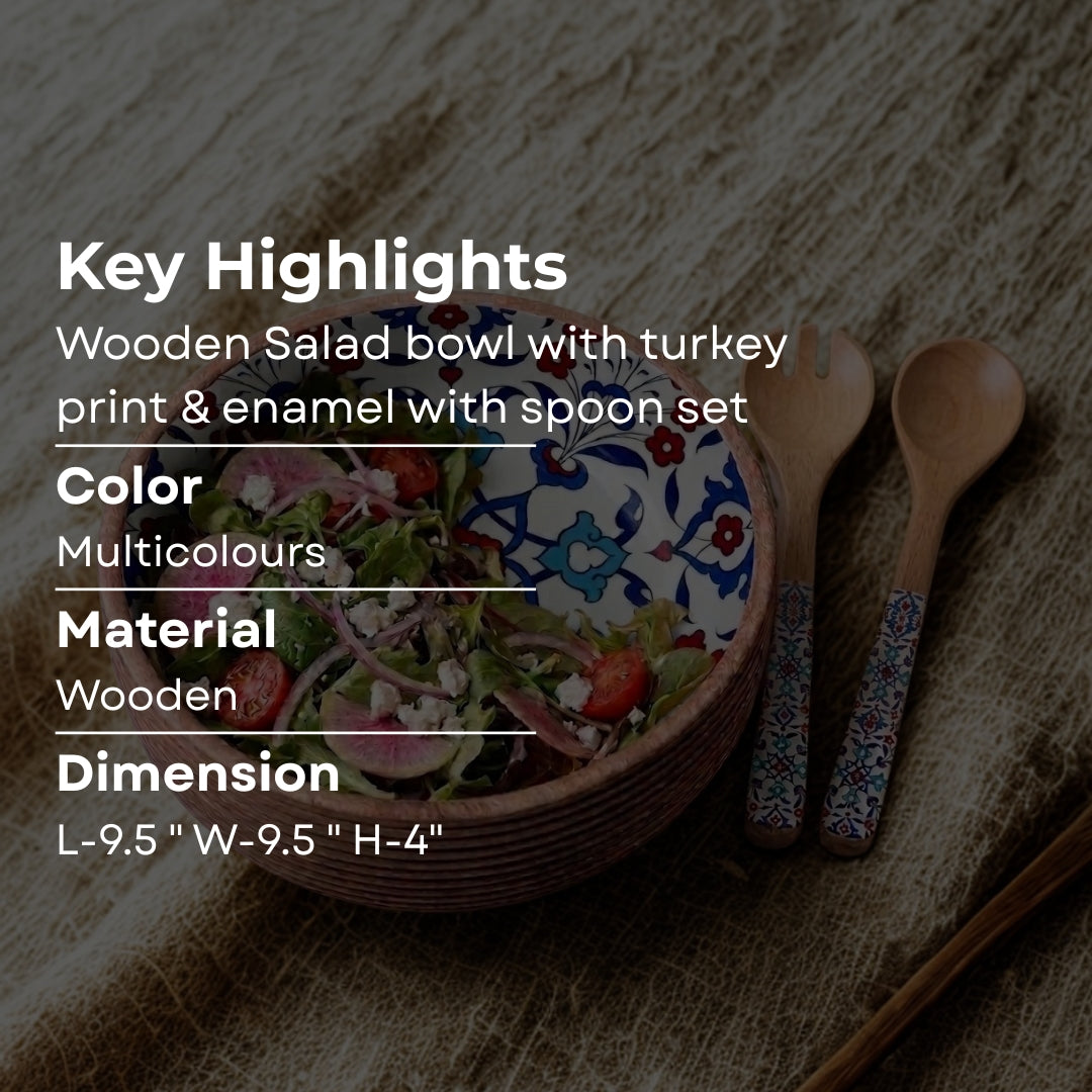 Turkish Print Enamel & Ribbed Wooden Salad Bowl Set