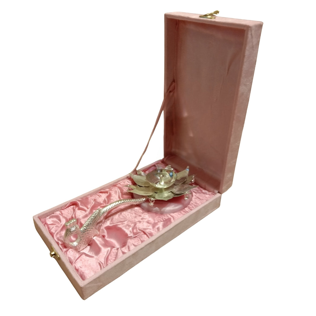 Luxury Silver Plated Lotus Diya with Peacock Handle & Pink Quartz Base
