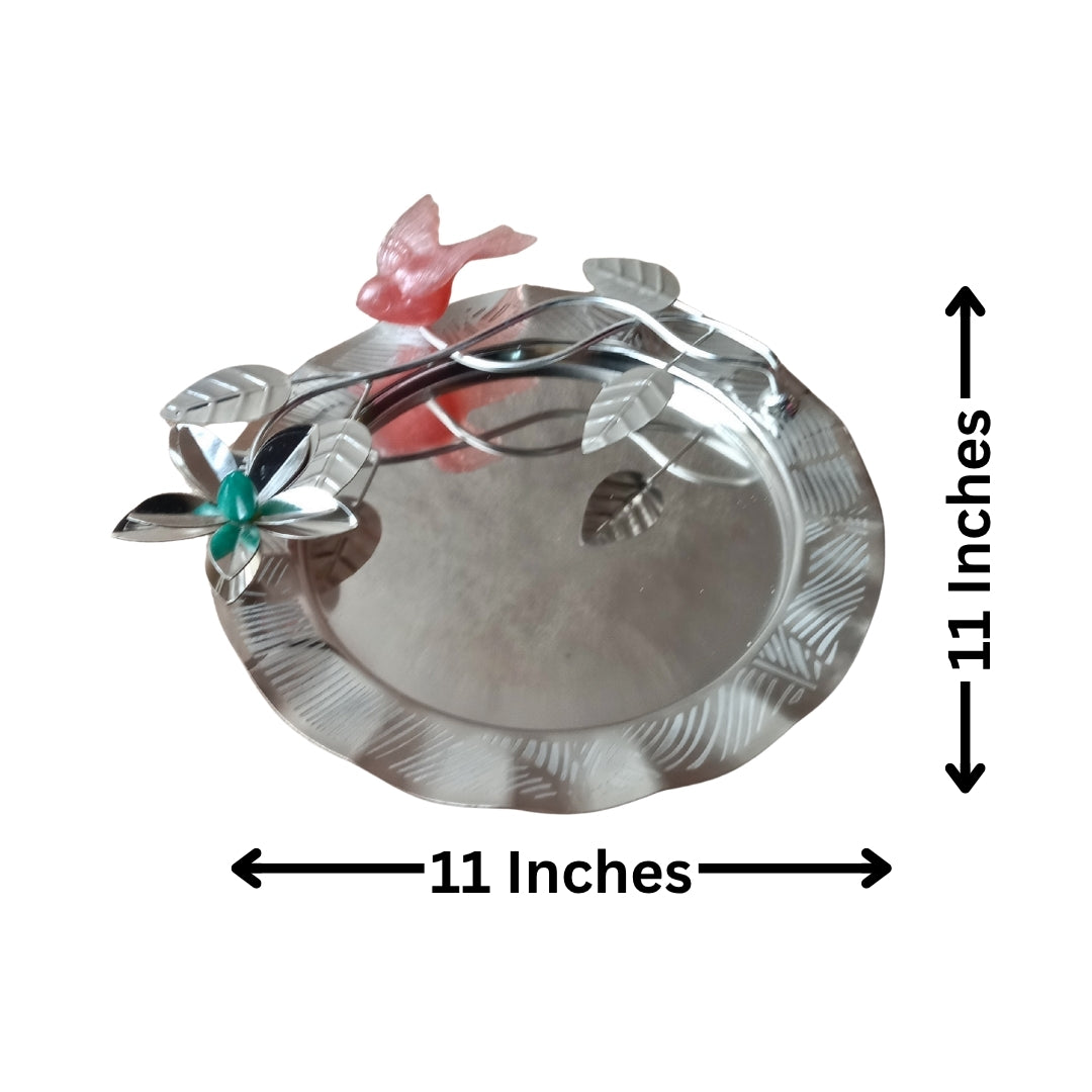 Silver Plated Round Platter with Flower & Resin Bird in Premium Gift Box