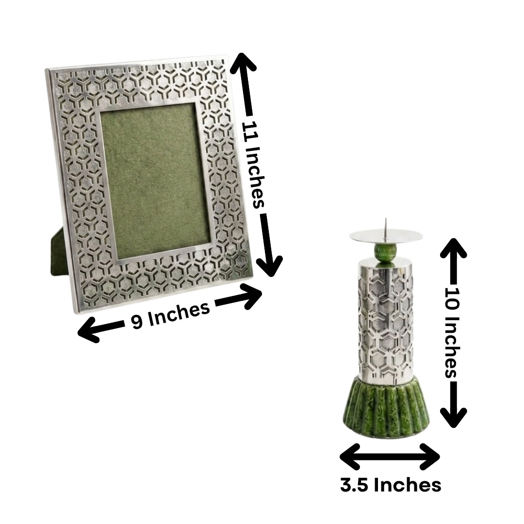 Luxury Silver Plated Photo Frame & Candle Holder Gift Set in Premium Green Box