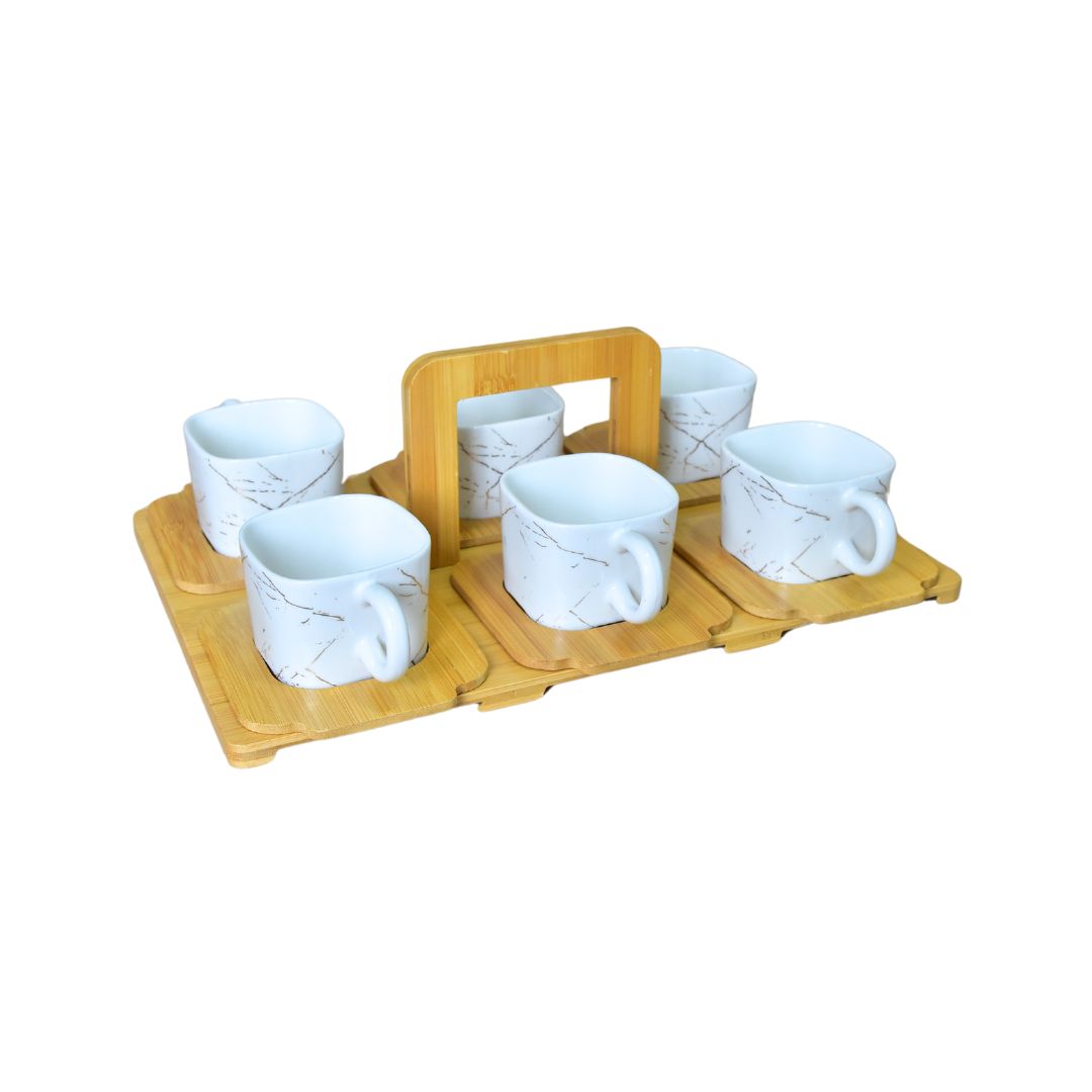 Ceramic Cup With Bamboo Tray Set Of 6 - White