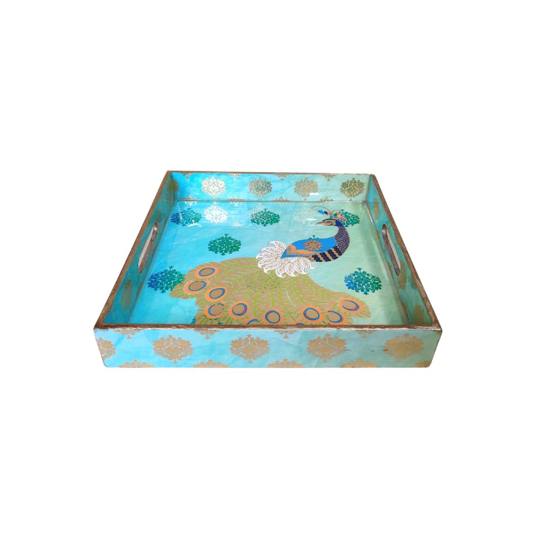 Square Tray Set Of 3 - Green Peacock