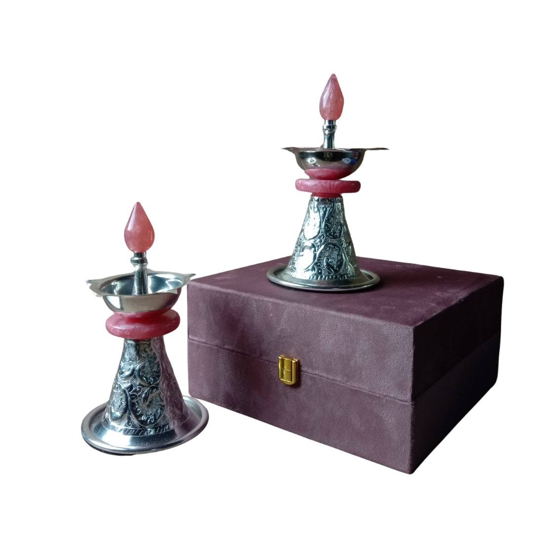 METAL Silver-Plated PINK RESIN Diya SAMAI Set of 2