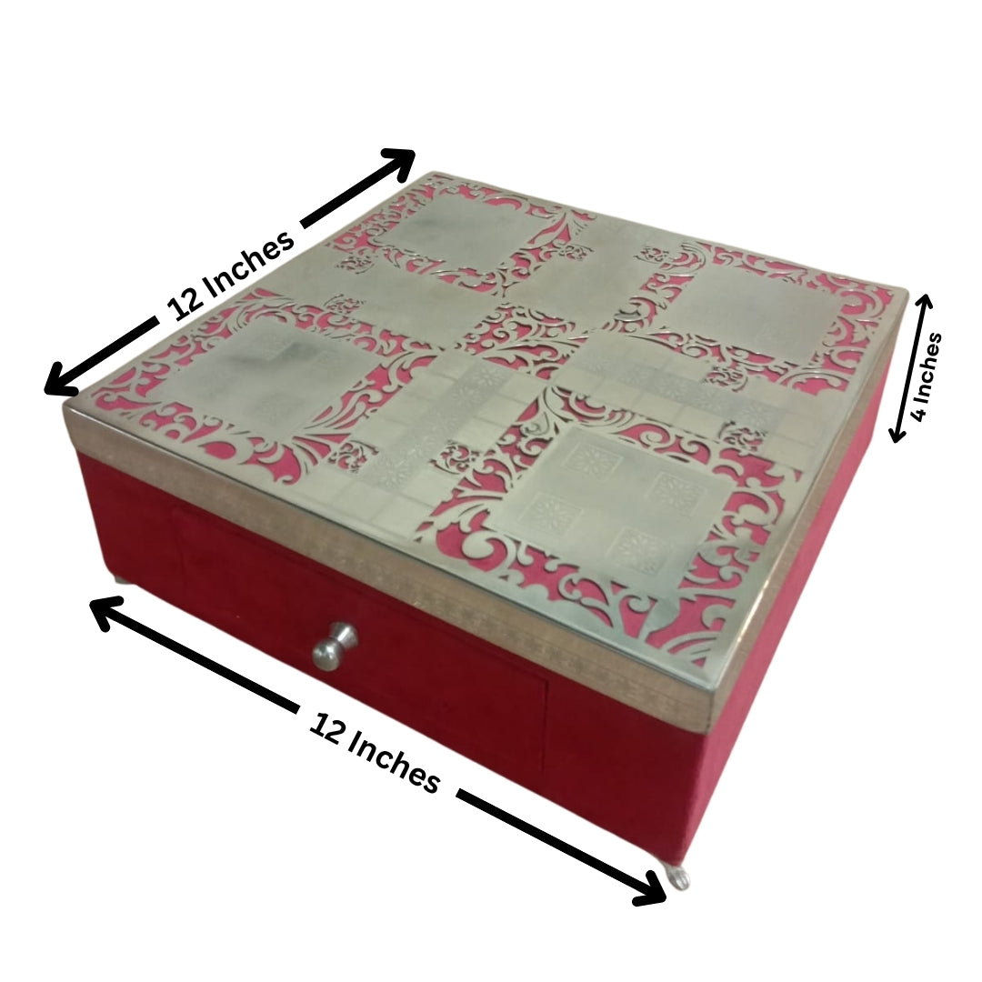Luxury Silver Plated Ludo Box with Pull-Out Drawer, Metal Pawns & Red Velvet Base