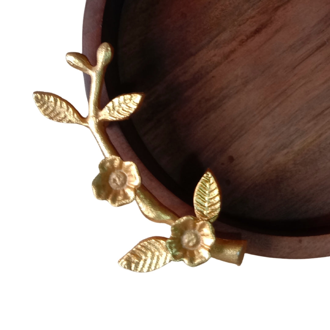 Wooden Large Round Serving Tray with Gold Floral Branch Handles