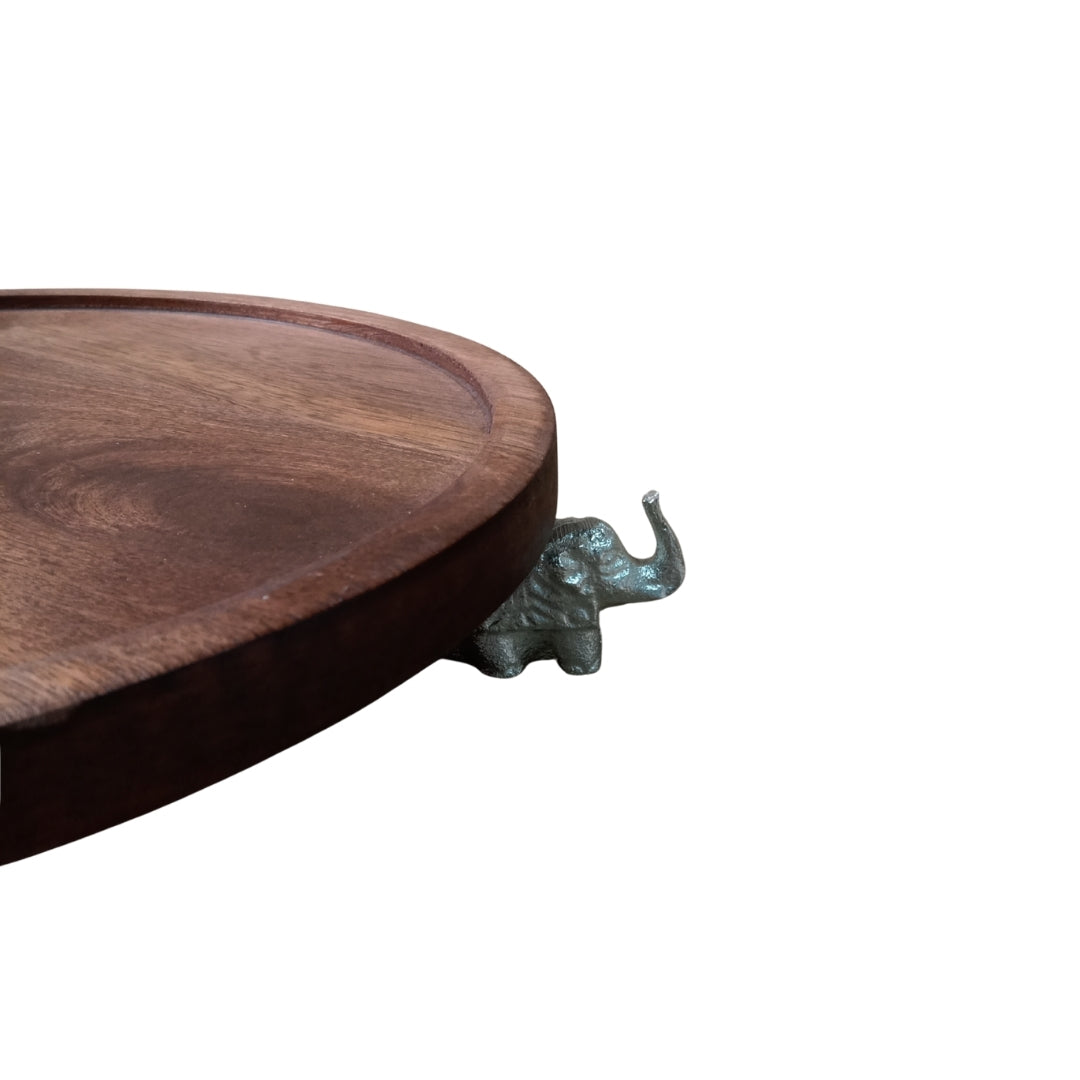 Wooden Round Serving Tray with Silver Elephant Feet