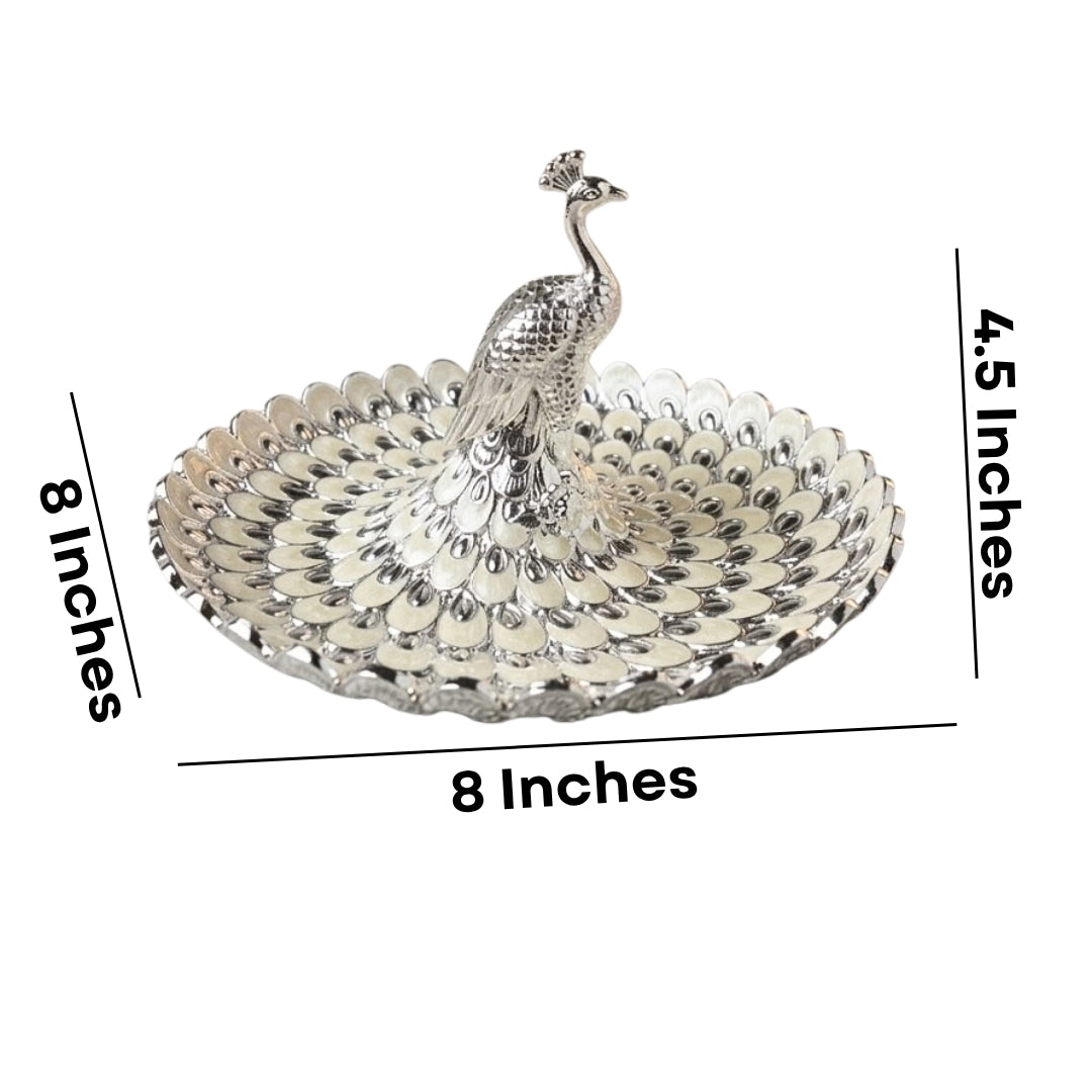 Decorative Silver Peacock Design Round Serving Tray